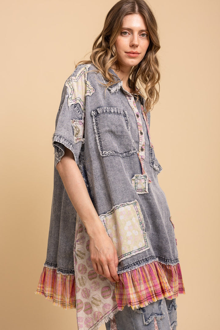 BlueVelvet Patchwork Short Sleeve Chambray Tunic-Katze Boutique