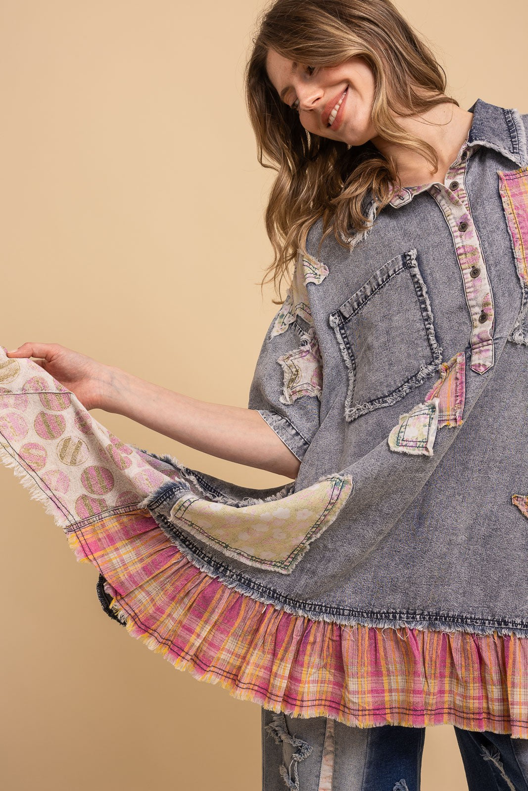BlueVelvet Patchwork Short Sleeve Chambray Tunic-Katze Boutique
