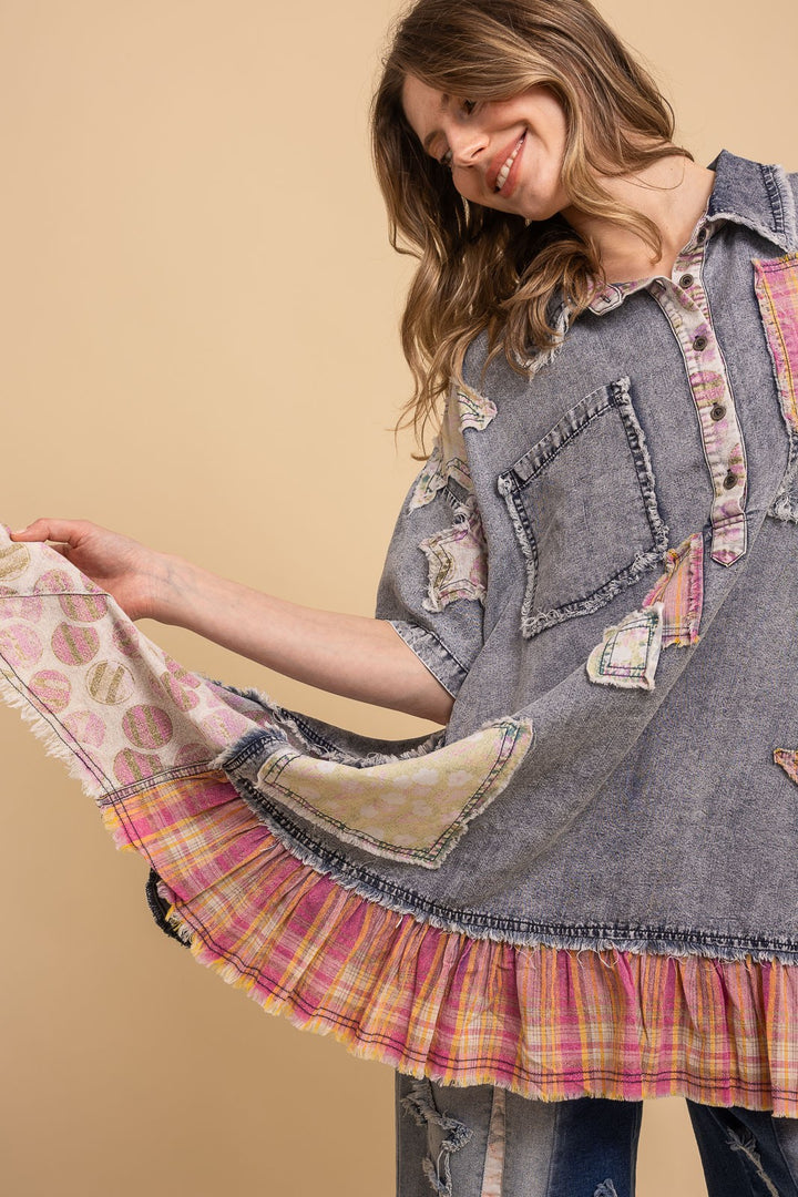 BlueVelvet Patchwork Short Sleeve Chambray Tunic-Katze Boutique
