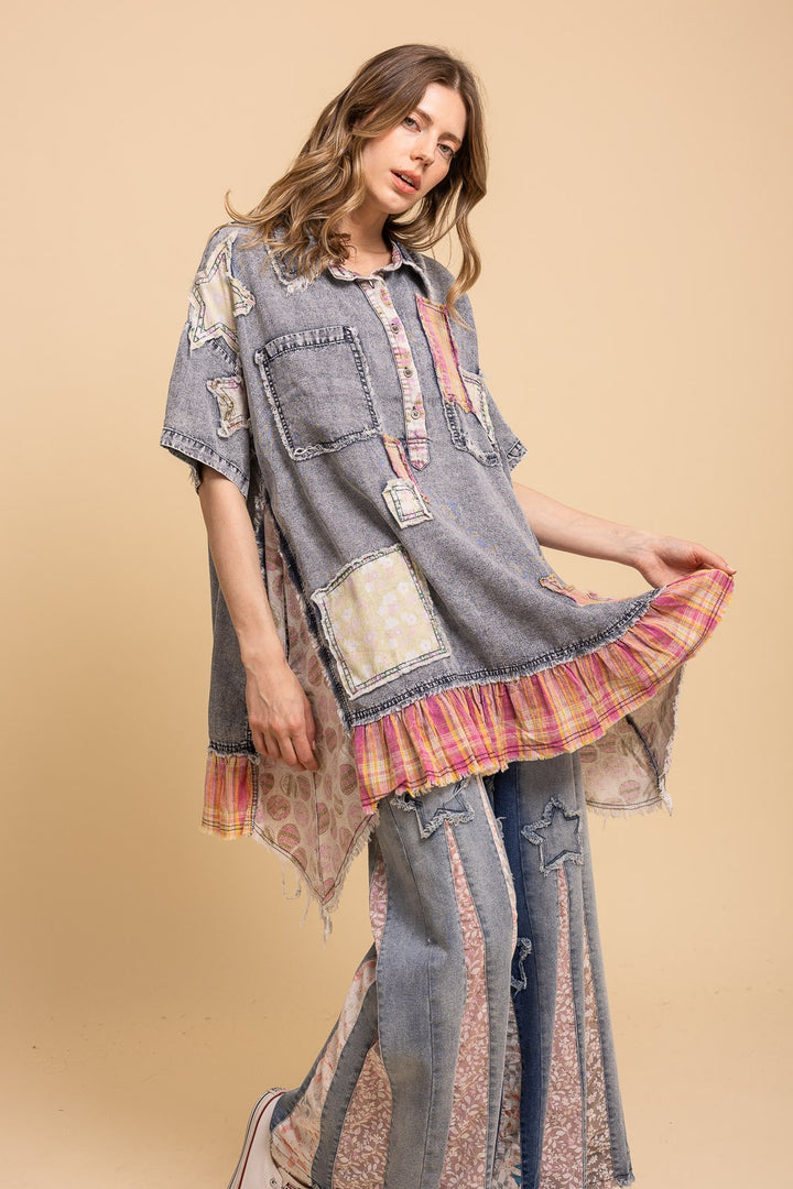 BlueVelvet Patchwork Short Sleeve Chambray Tunic-Katze Boutique