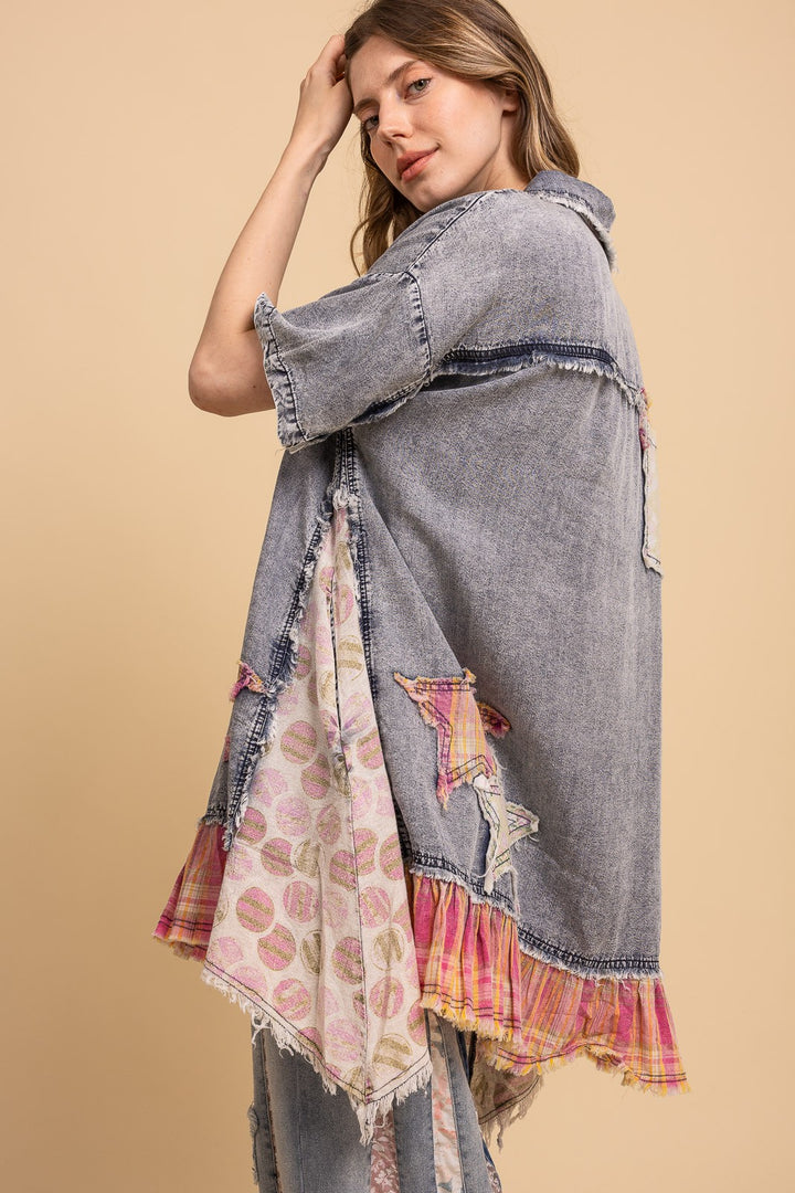 BlueVelvet Patchwork Short Sleeve Chambray Tunic-Katze Boutique