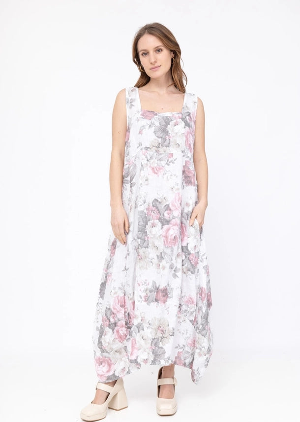Made In Italy Linen Floral Sleeveless Dress