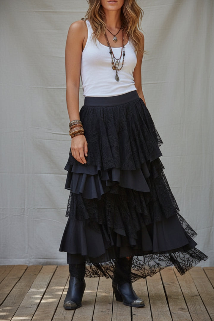 Tiered Ruffled Cotton Maxi Skirt | Katze Boutique