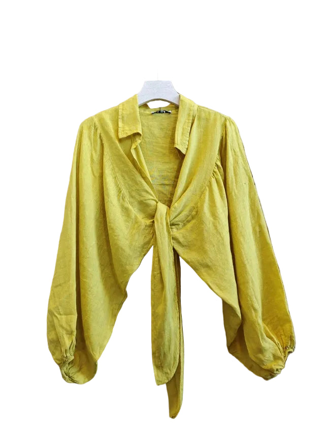 Tie Front Long Sleeve Linen Top-Katze Boutique