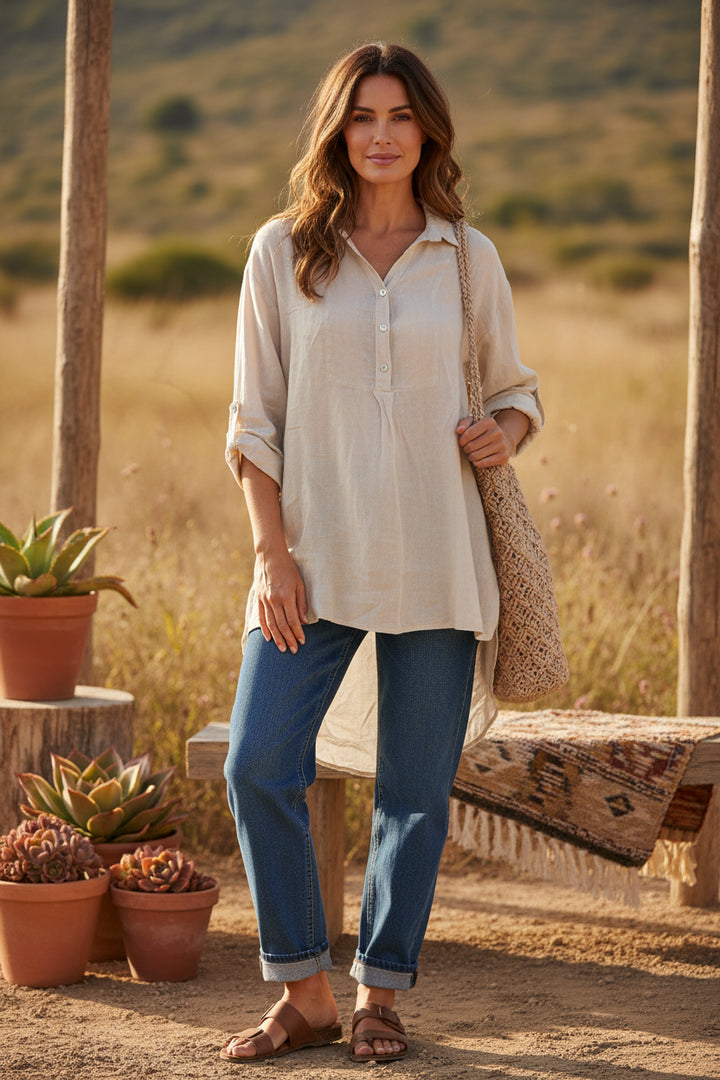 Made In Italy Buttoned Hi-Low Linen Tunic-Katze Boutique
