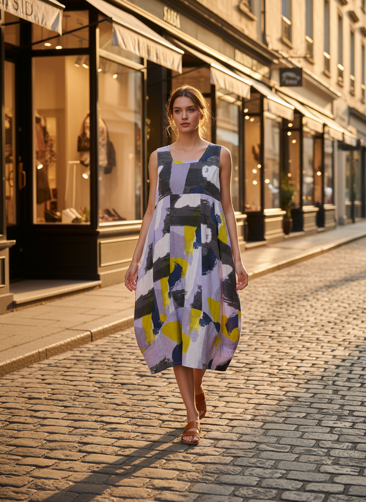 Abstract Artistic Print Linen Dress-Katze Boutique