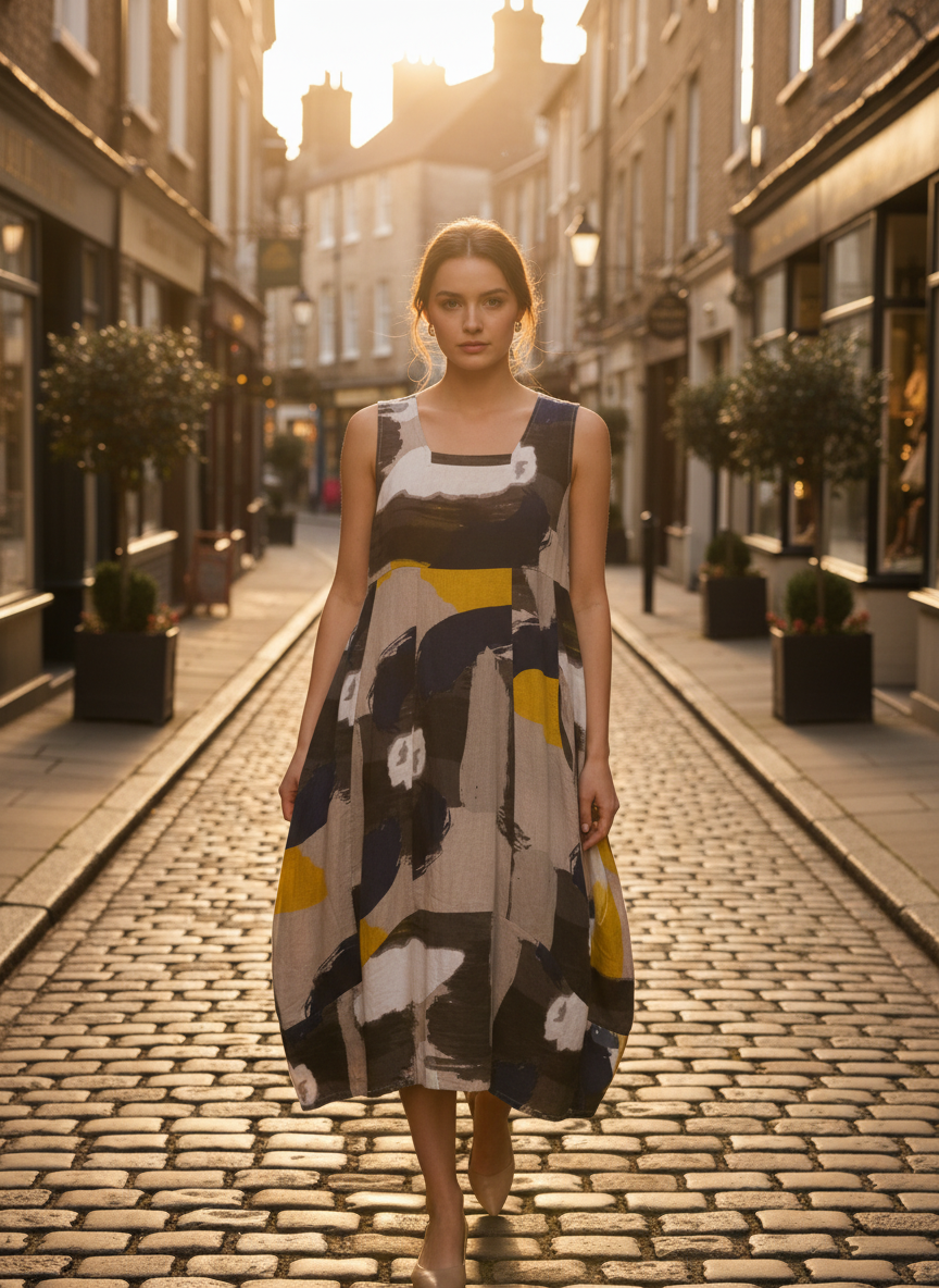 Abstract Artistic Print Linen Dress-Katze Boutique