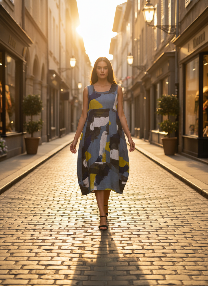 Abstract Artistic Print Linen Dress-Katze Boutique