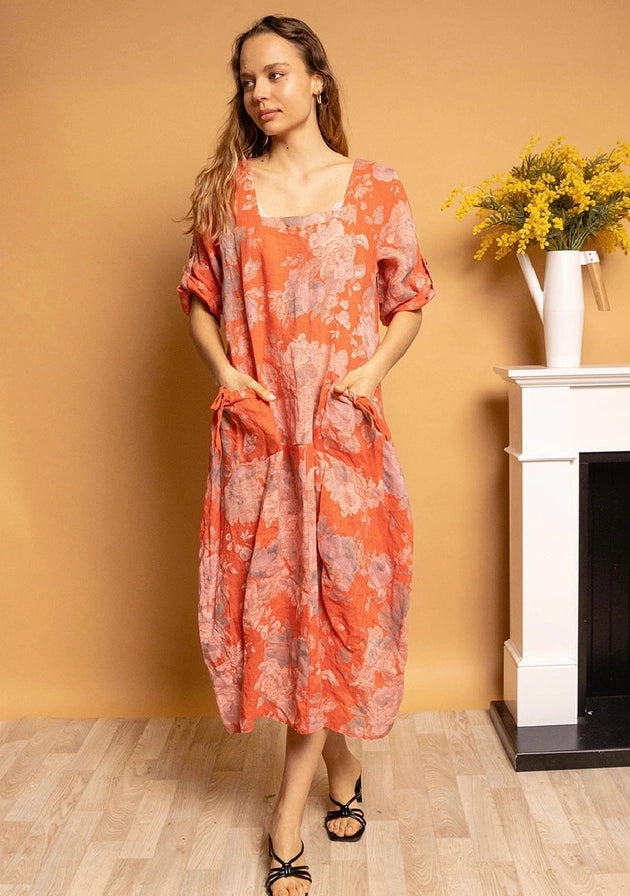 Made In Italy Linen Floral Dress
