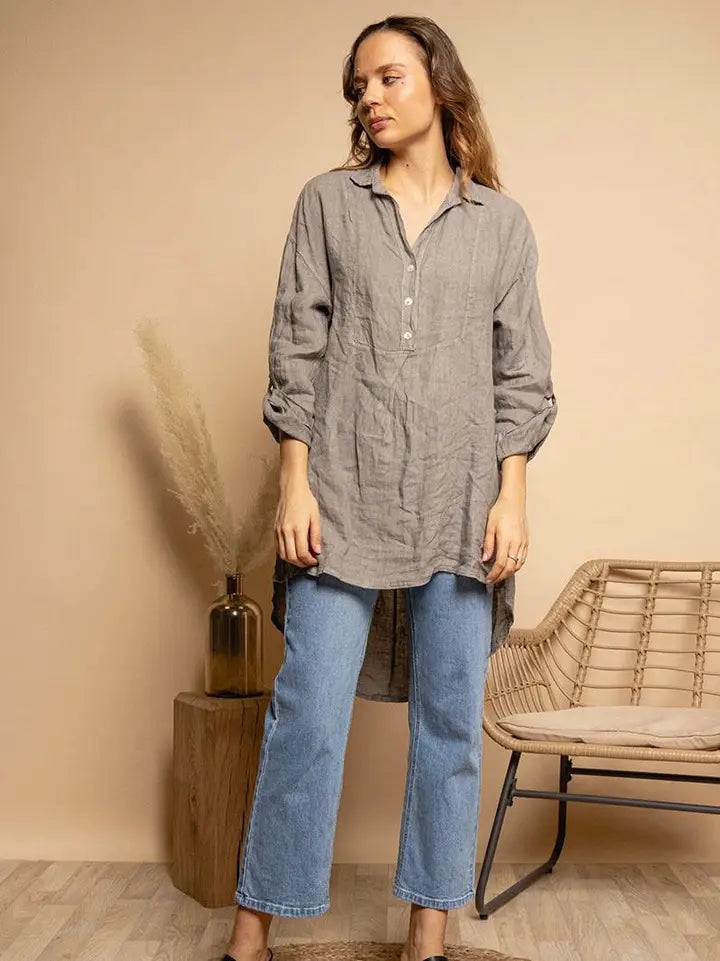 Made In Italy Buttoned Hi-Low Linen Tunic-Katze Boutique
