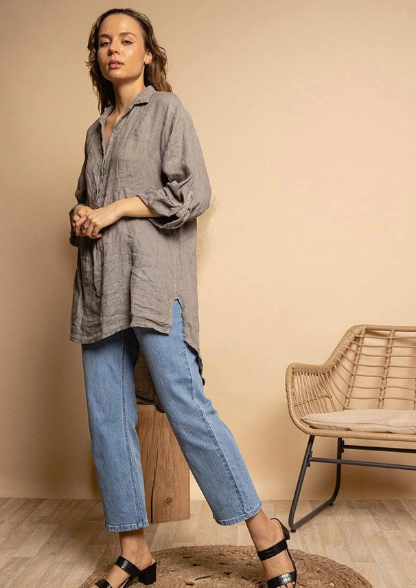 Made In Italy Buttoned Hi-Low Linen Tunic-Katze Boutique