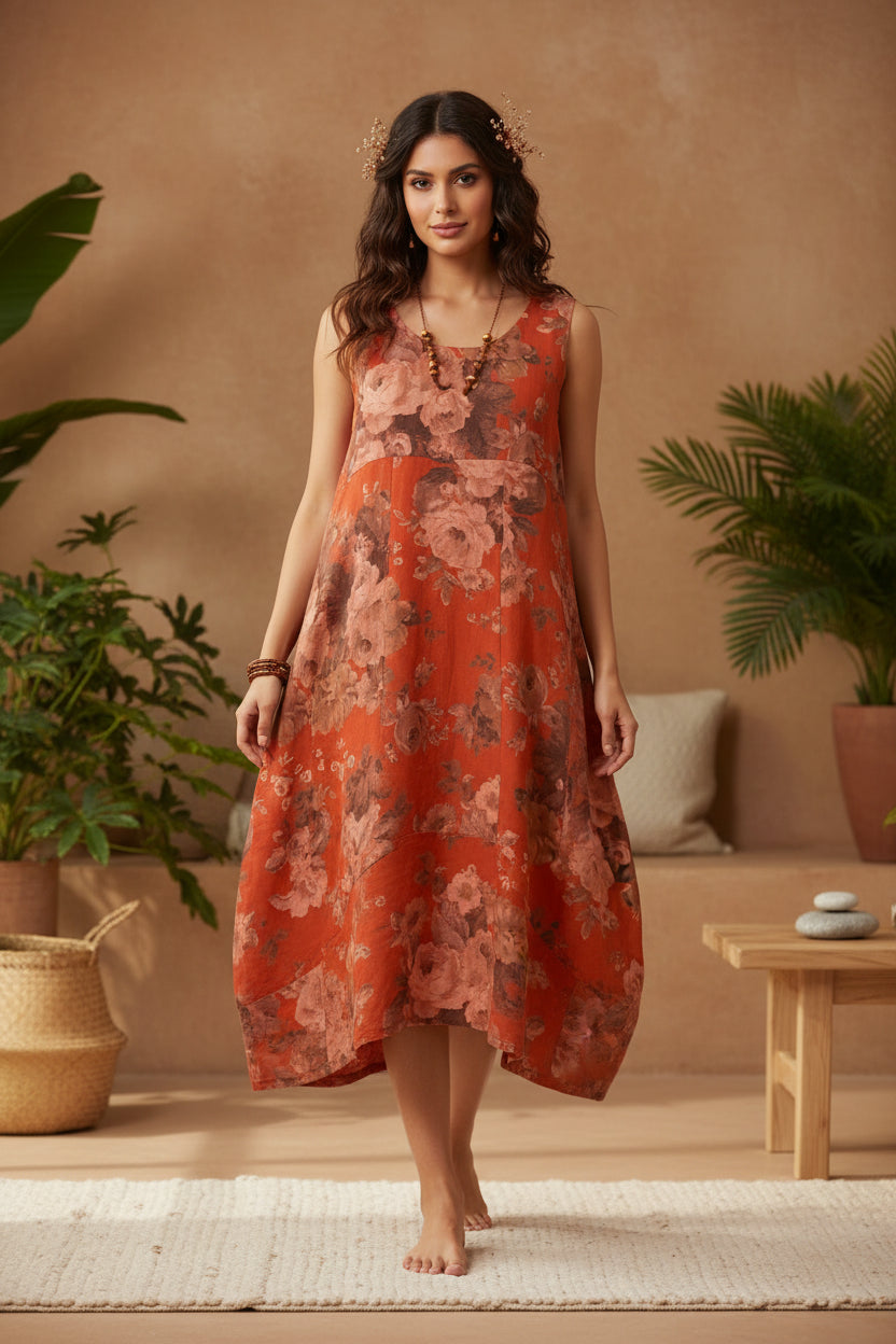 Made In Italy Linen Floral Sleeveless Dress