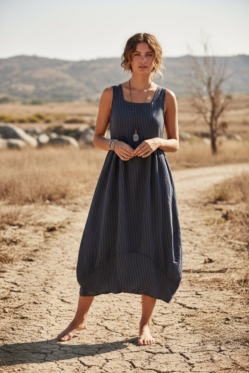 Italian Linen Striped Dress-Made in Italy Summer Dress-Katze Boutique