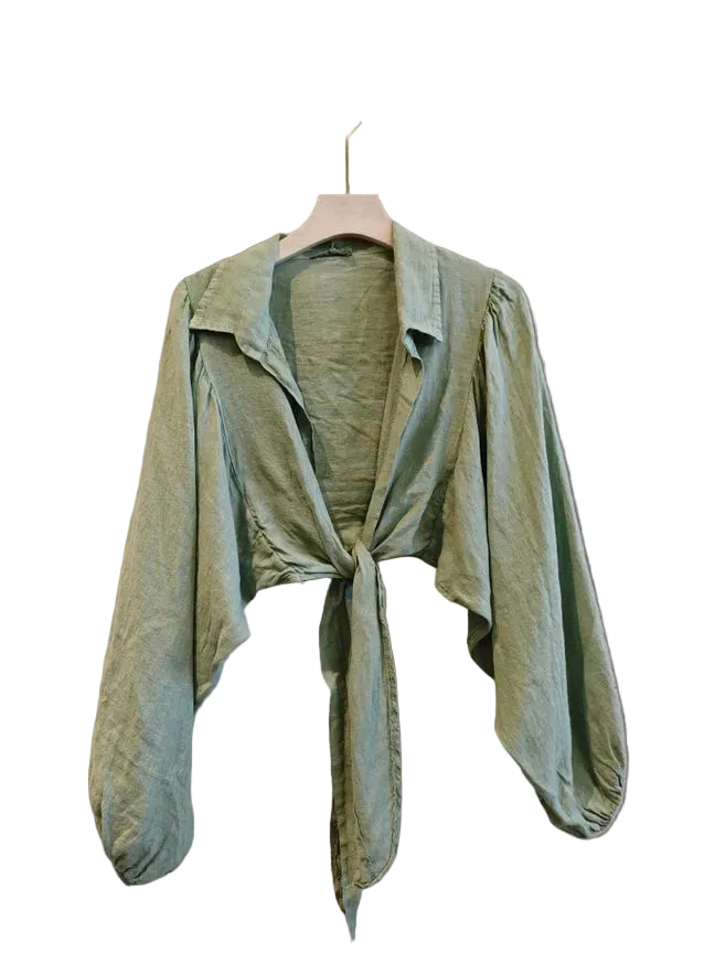 Tie Front Long Sleeve Linen Top-Katze Boutique