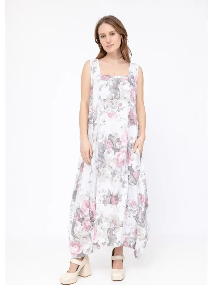 Made In Italy Linen Floral Sleeveless Dress-Katze Boutique