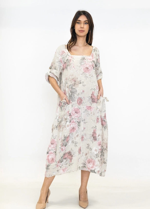 Made In Italy Linen Floral Dress