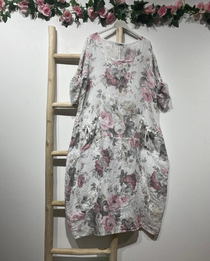 Made In Italy Linen Floral Dress - Katze Boutique